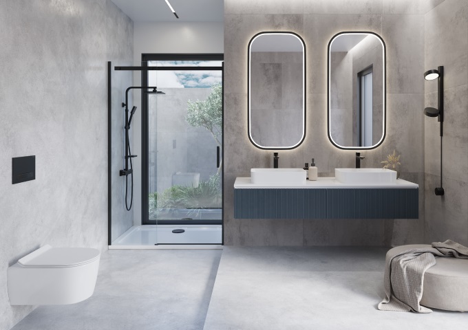 Moderne Badezimmer mit Duschkabine und zwei Waschbecken
