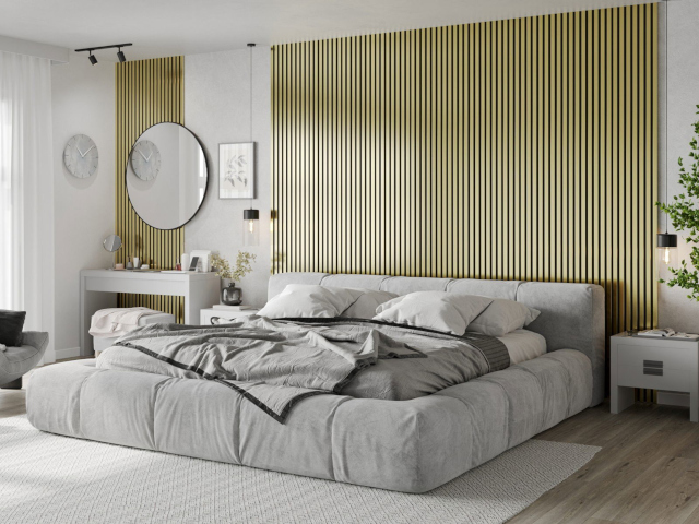 Goldene Wandlamellen im Schlafzimmer