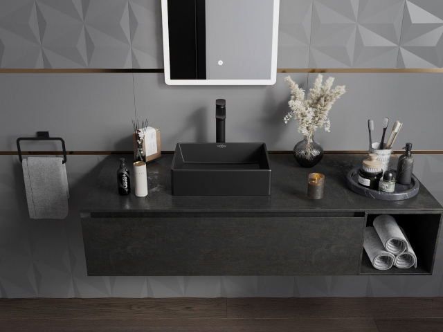 Stilvoller schwarzer Waschtischunterschrank in der Badezimmergestaltung