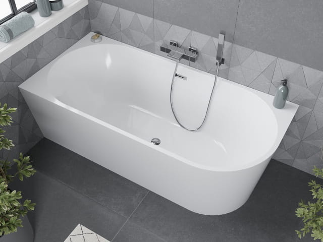 Freistehende Eckbadewanne mit 140 cm langem Seitenpanel