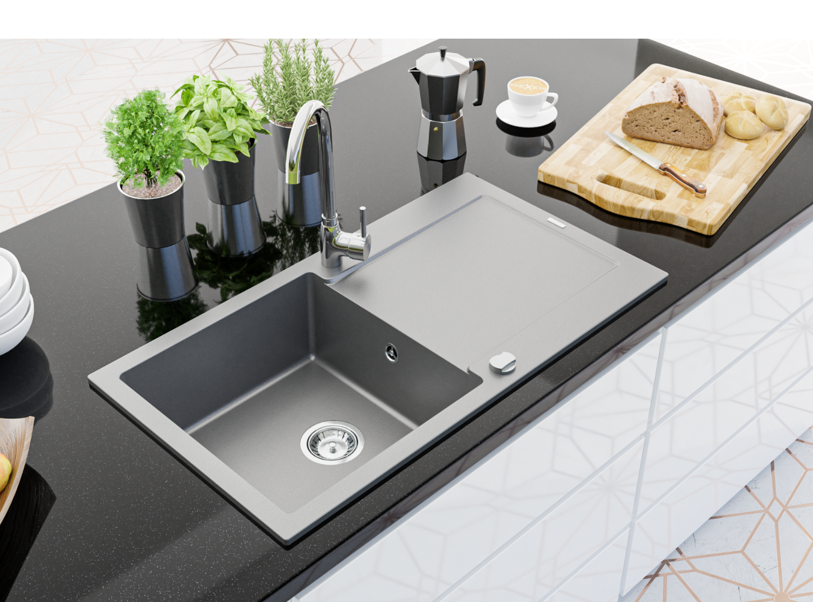 Granitspülen mit Armatur, Einbau in die Arbeitsplatte