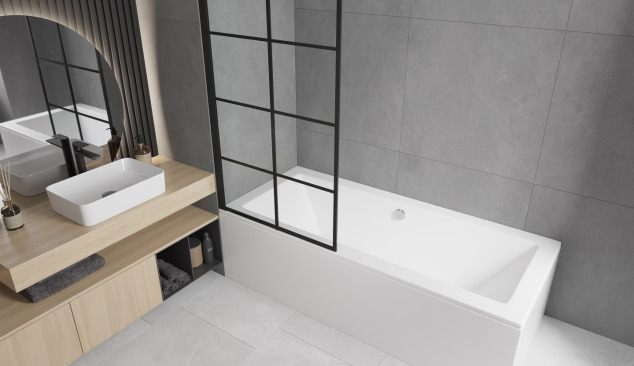 Rechteckige Badewanne mit Bildschirm im minimalistischen Stil
