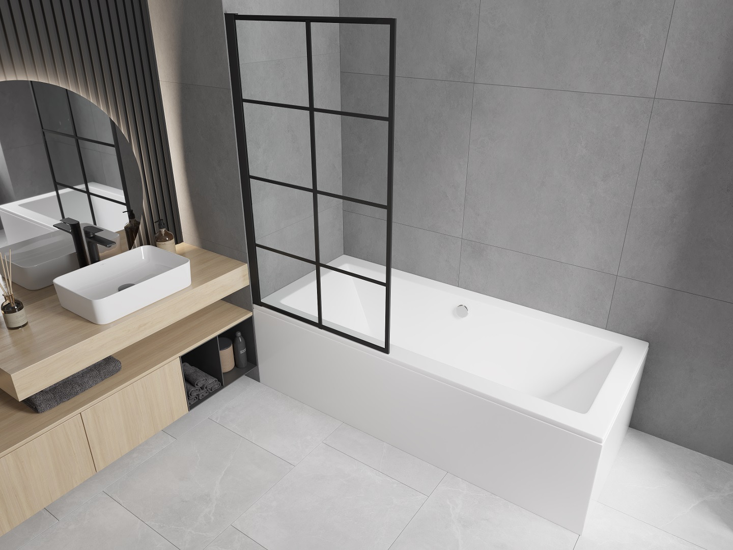 Rechteckige Badewanne mit Bildschirm im minimalistischen Stil