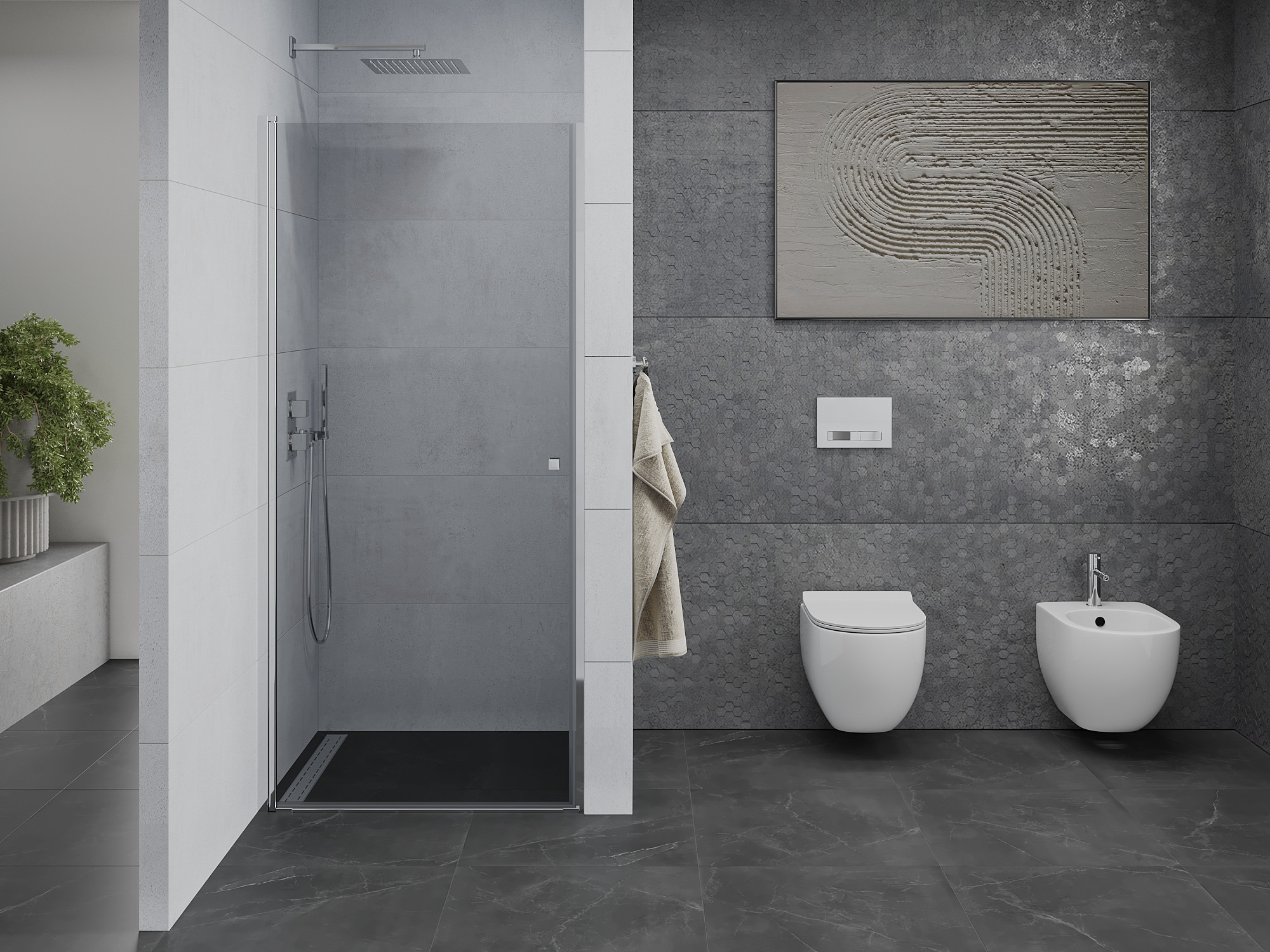 Geräumiges Badezimmer mit Duschabtrennung