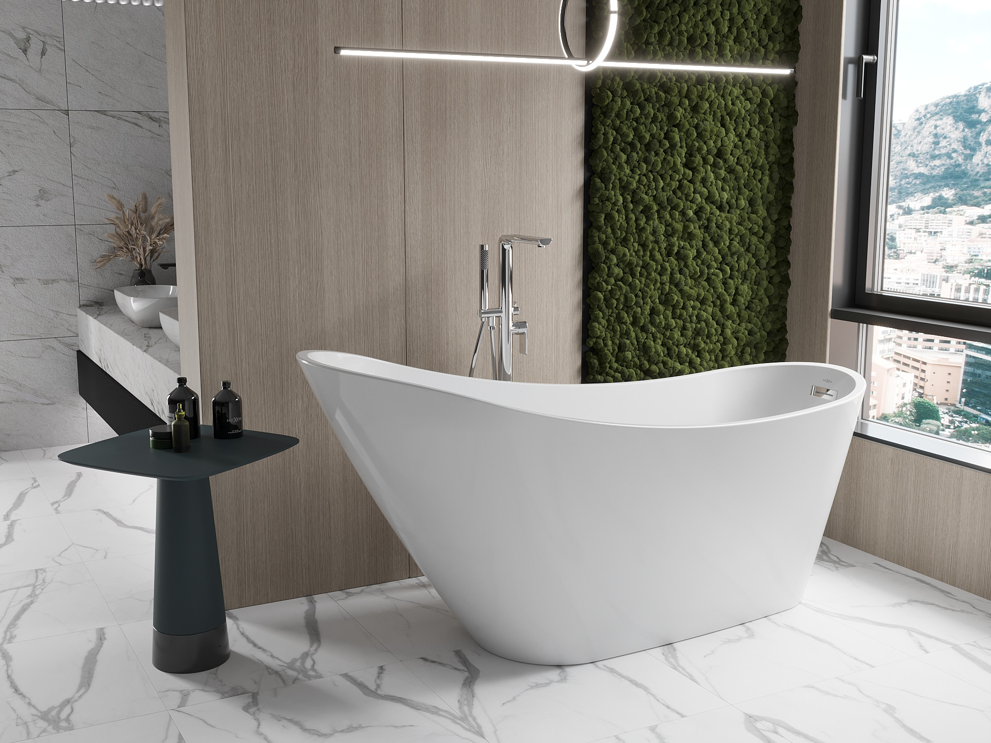 Gemütliches Badezimmer in Erdtönen - Wand aus Moos