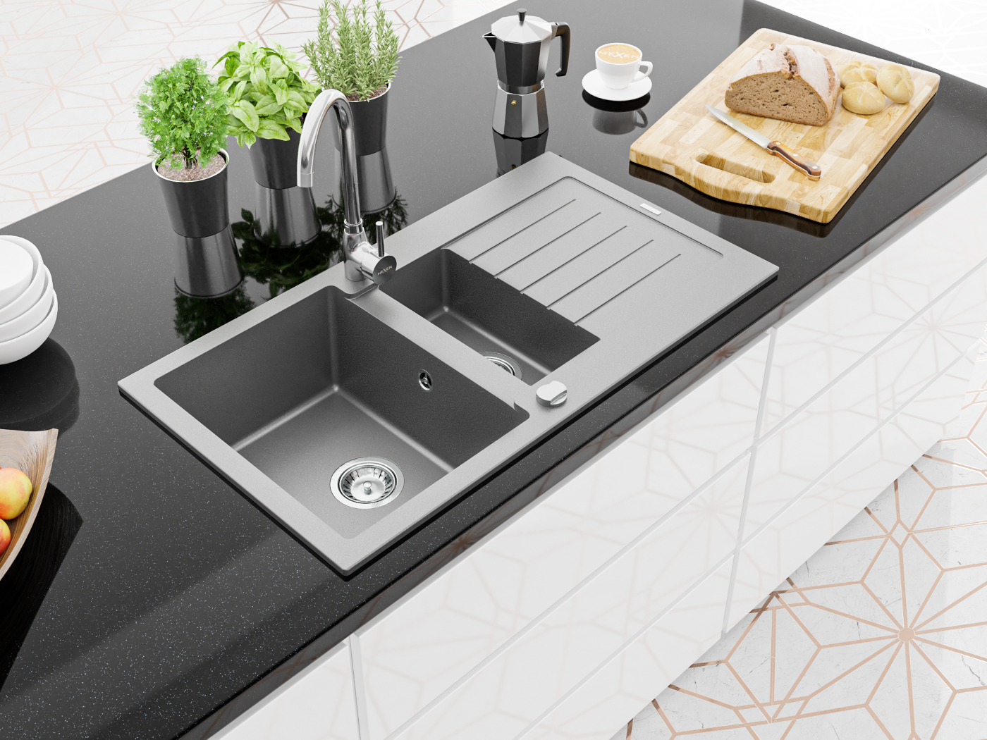 Weiß, Schwarz, Grau in einer modernen Küche