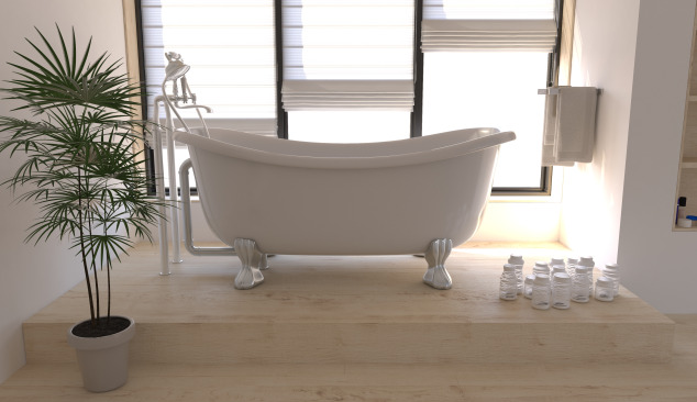 Holzboden im weißen Badezimmer