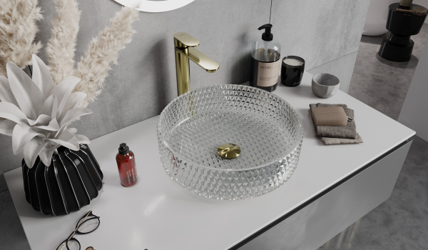 Elegantes Badezimmer im Glamour-Stil – Glas und goldene Details