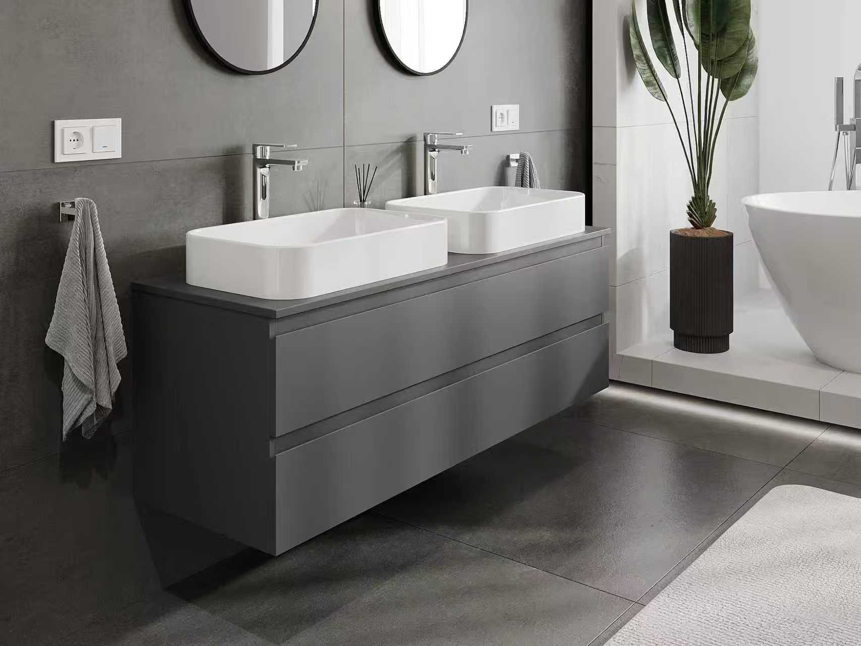 Anthrazitfarbenes Badezimmerschrank mit zwei Waschbecken
