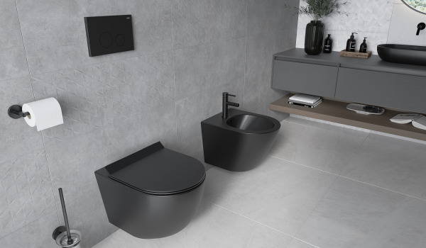 Moderne graue Toilette mit schwarzen Akzenten