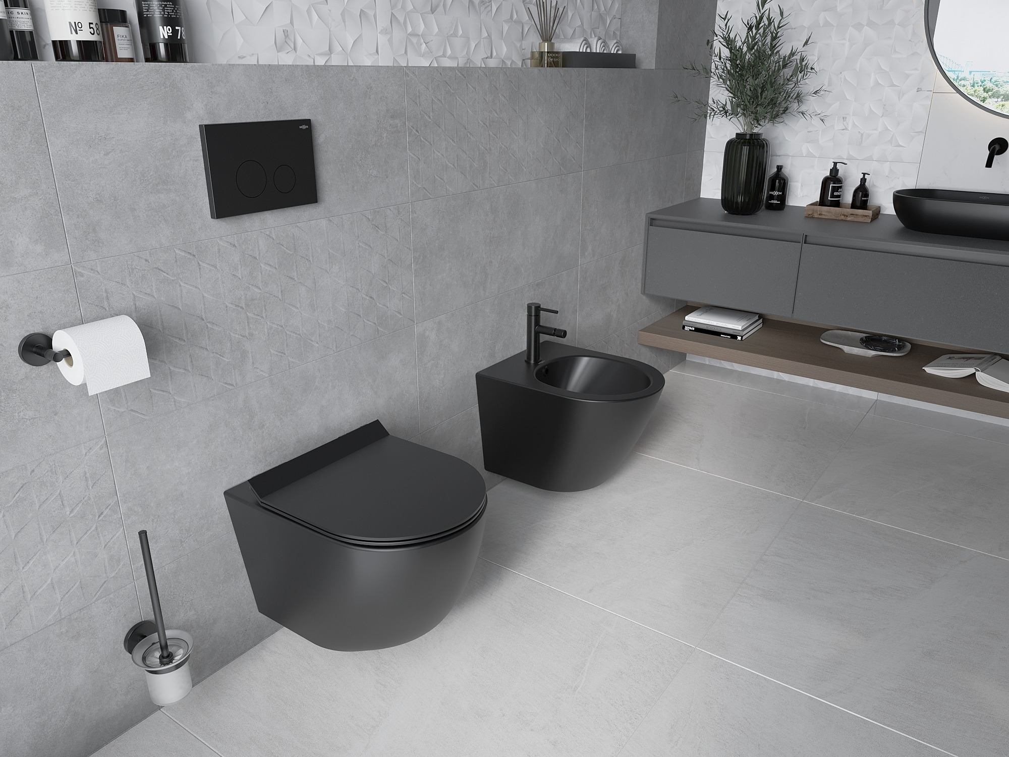 Moderne graue Toilette mit schwarzen Akzenten