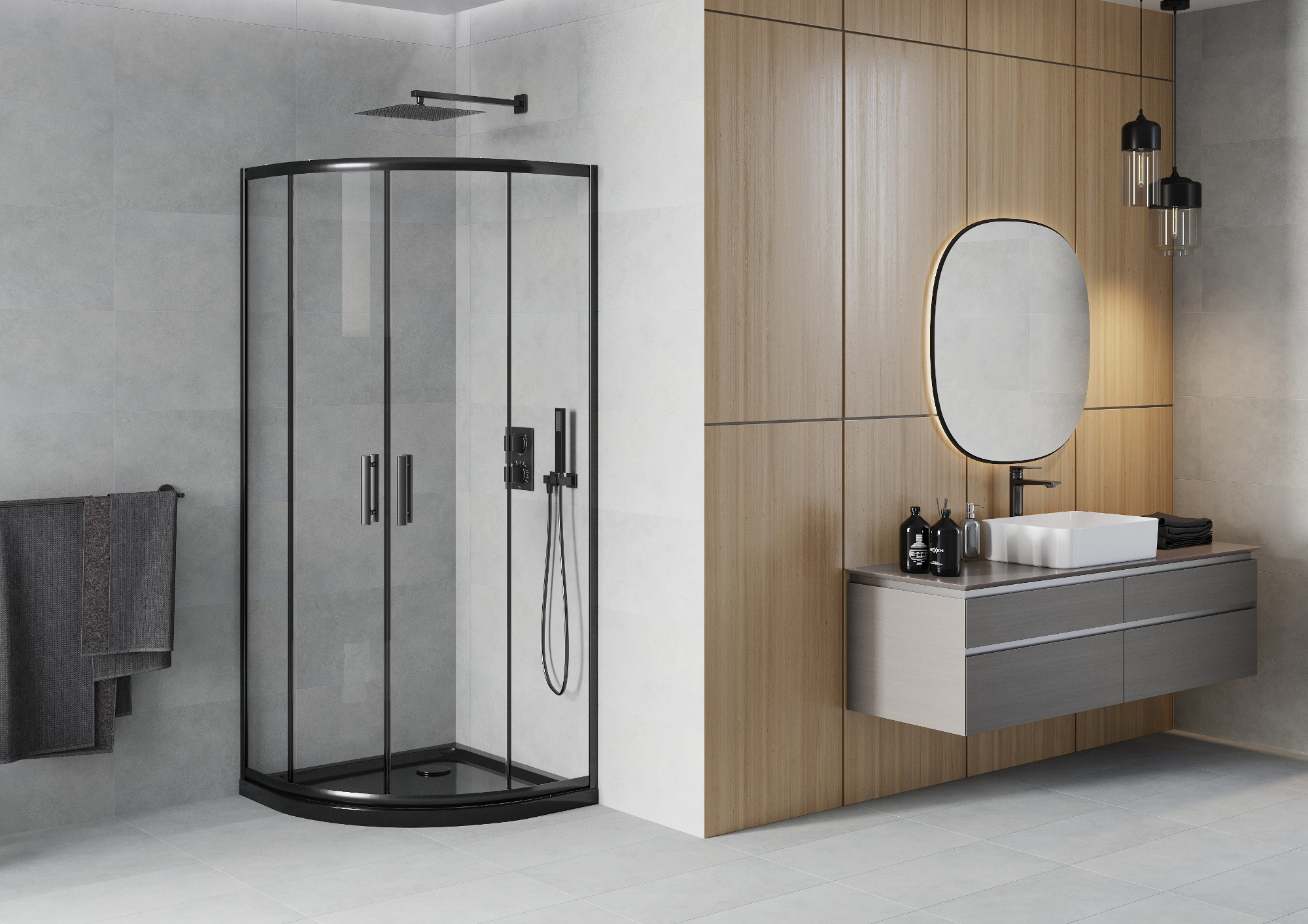 Schwarze halbkreisförmige Kabine im minimalistischen Stil