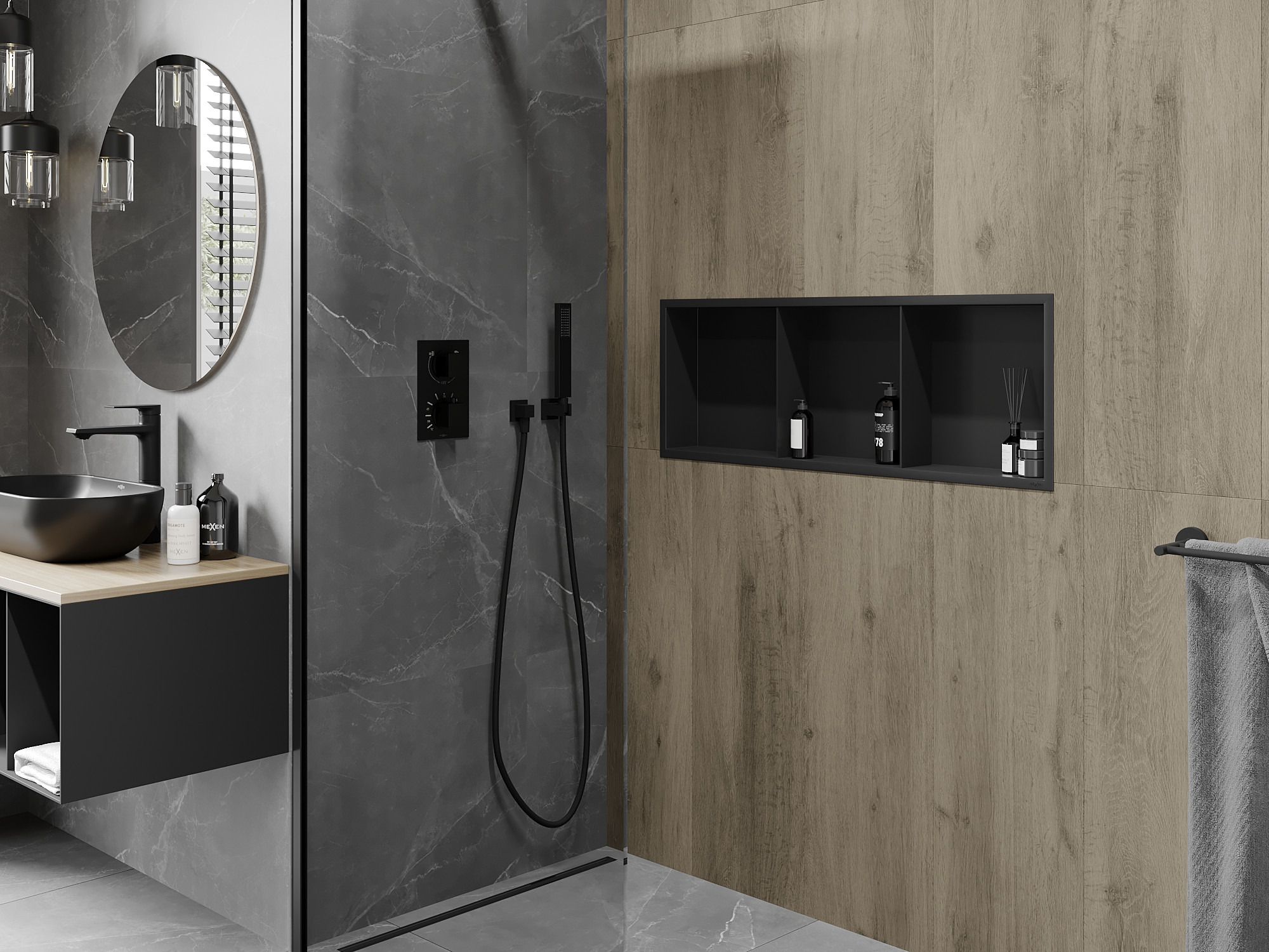 Industrielles Badezimmer mit eingebautem Duschregal