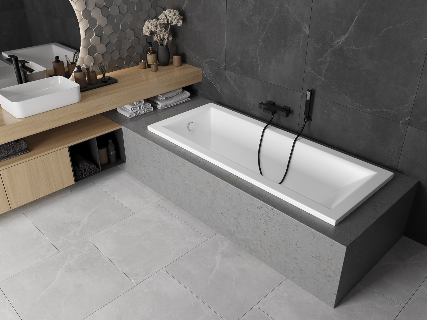 Badezimmer im industriellen Stil mit rechteckiger Badewanne
