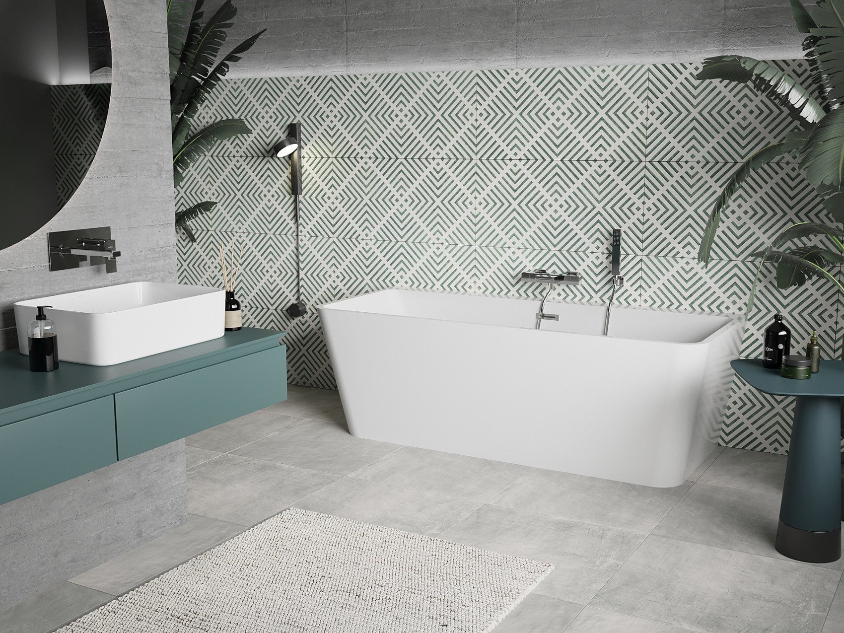 Betonbad mit Elementen im Boho-Stil