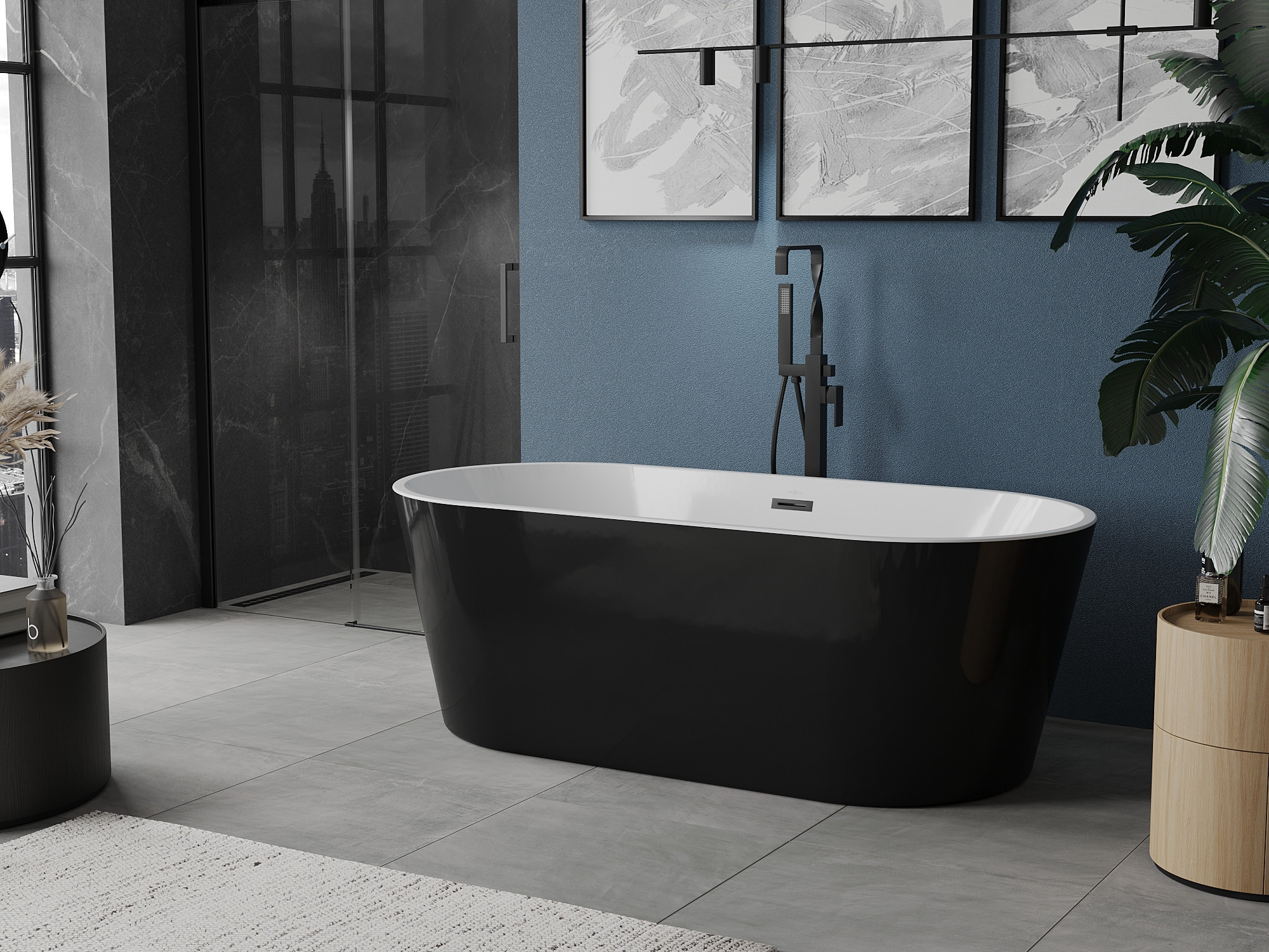 Badezimmer mit granatfarbener Wand und schwarzen Akzenten