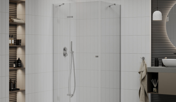 Gemütliches Badezimmer: Kombination von beigen Wänden mit einer abgedunkelten Kabine