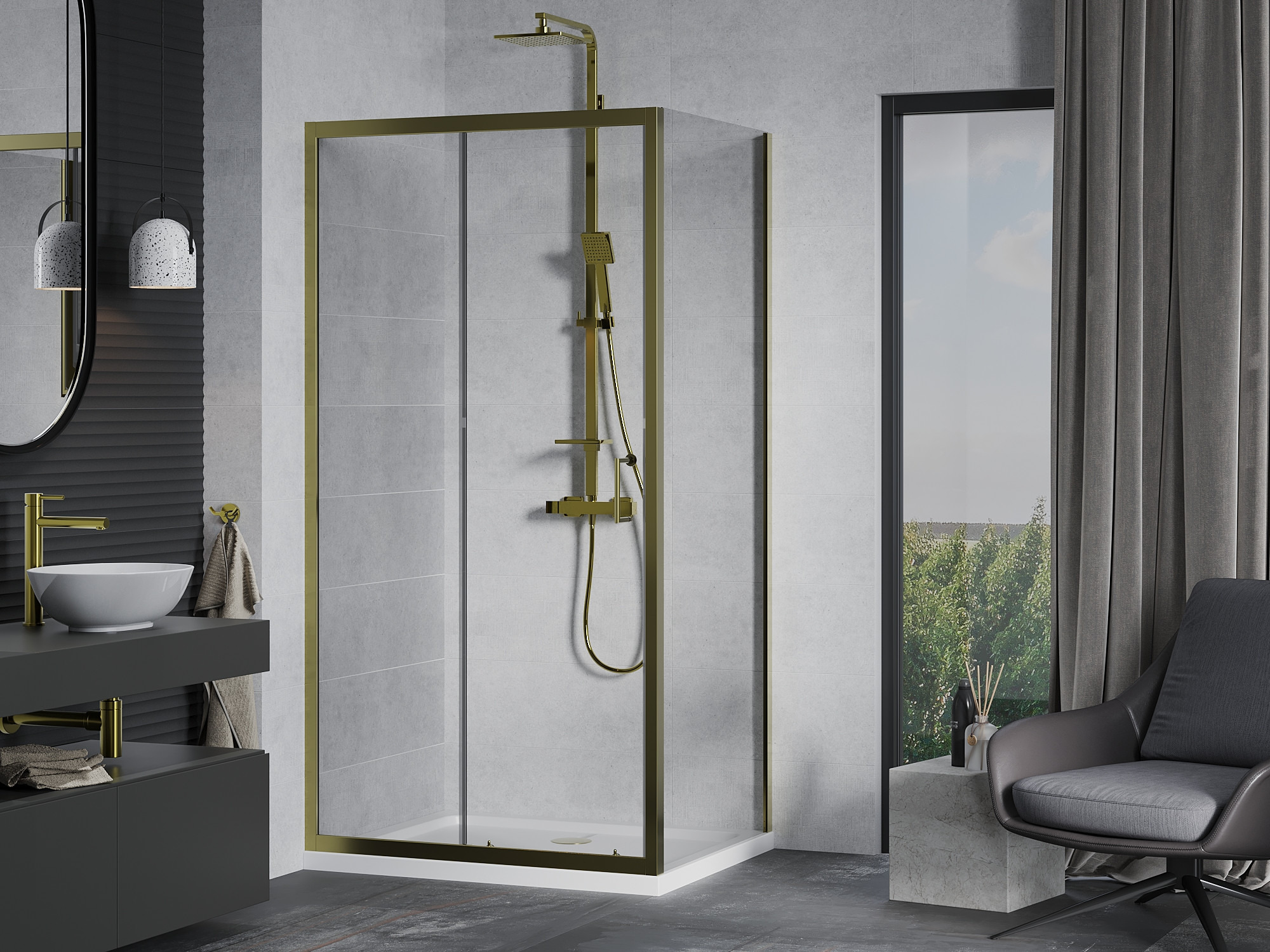 Goldene Armatur im betonan Badezimmer