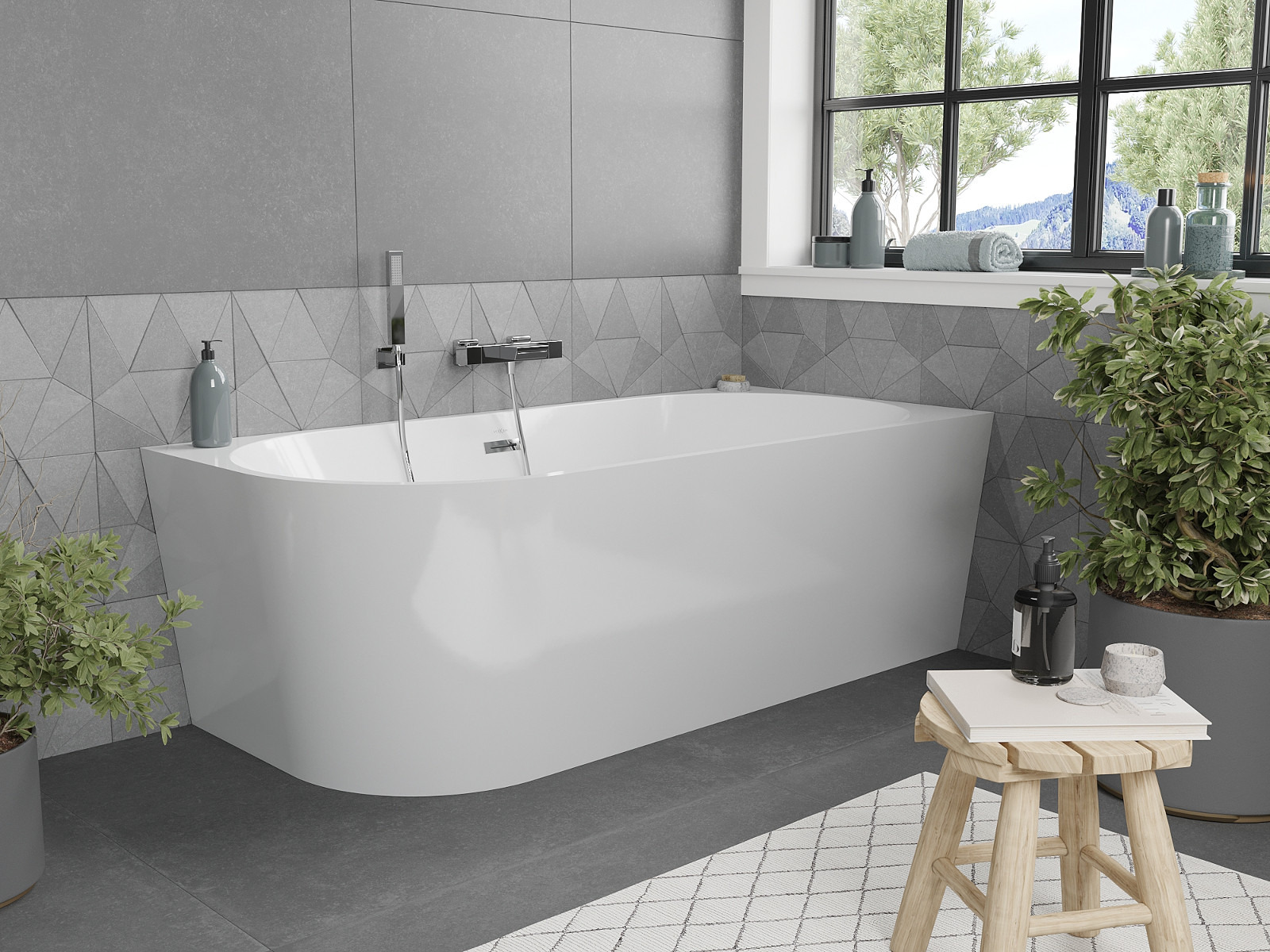Freistehende Ecke-Badewanne im grauen, von der Natur inspirierten Badezimmer
