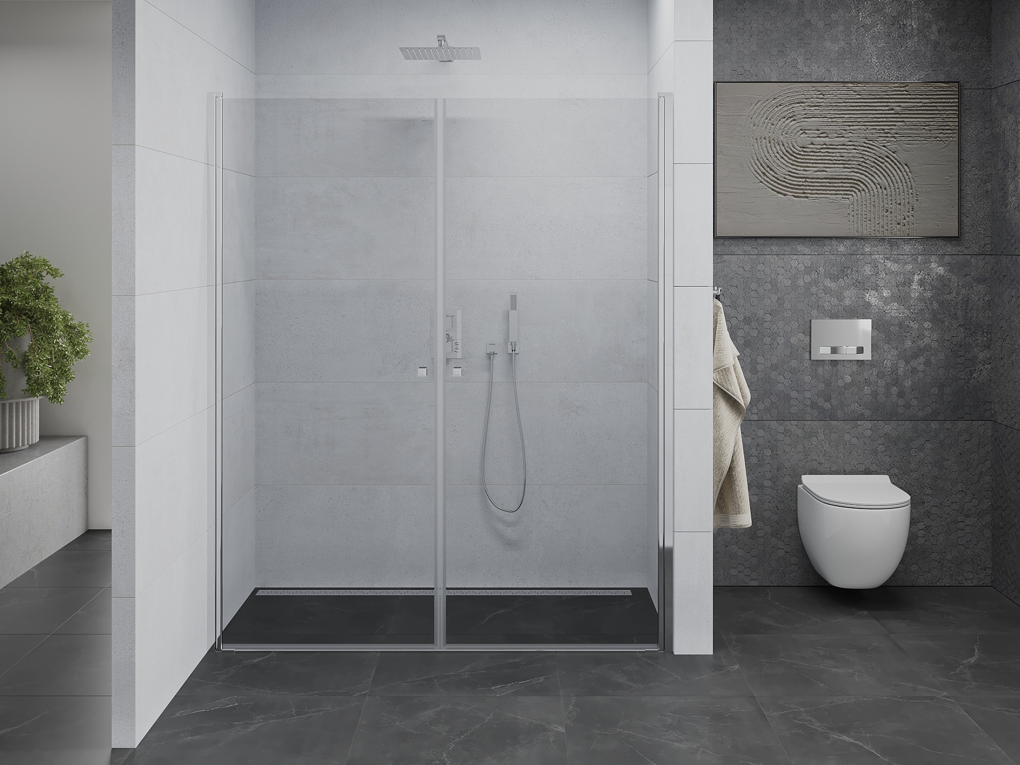 Doppelte Duschtüren im minimalistischen Badezimmer