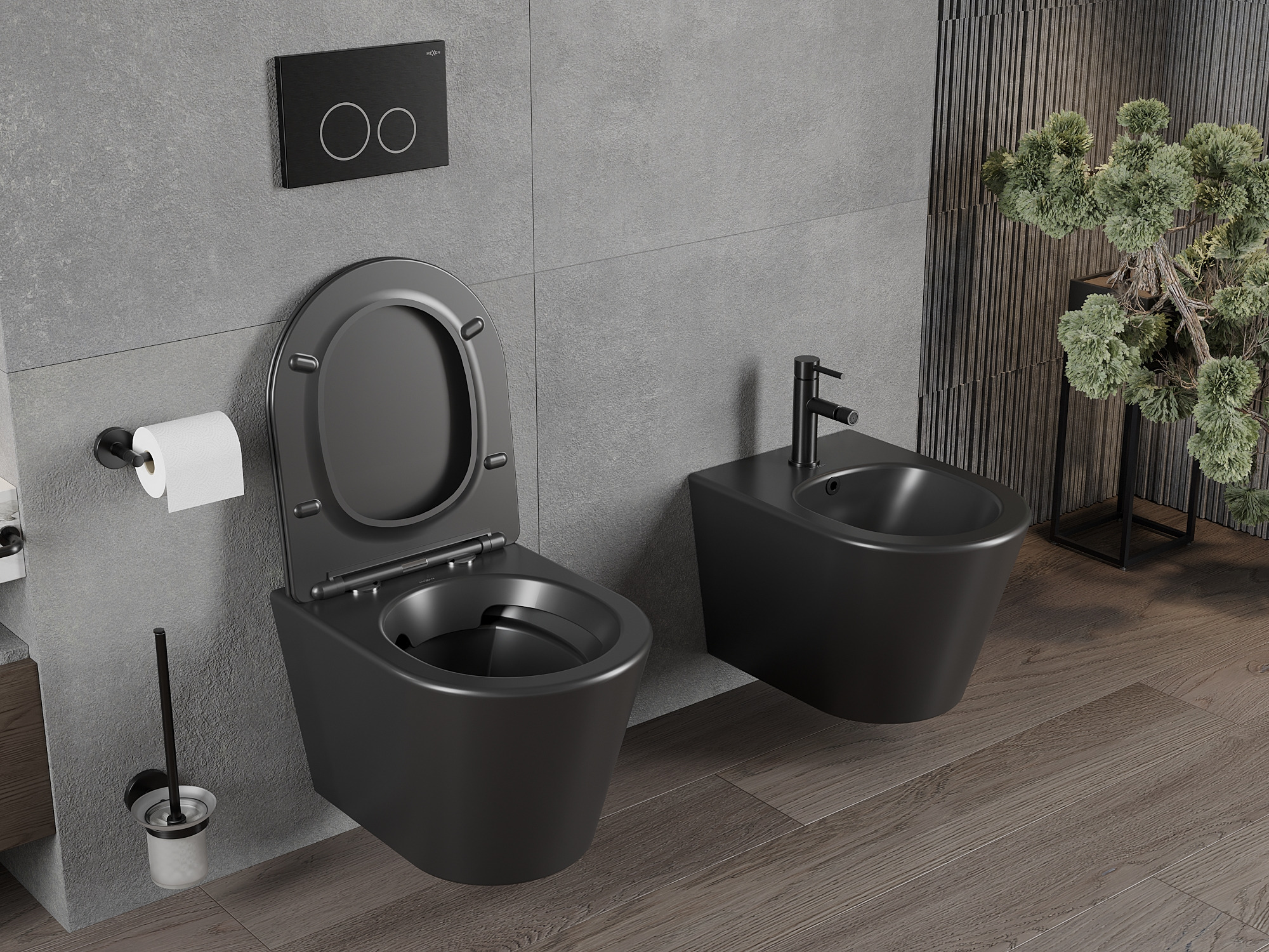 Grautöne und Holz im Badezimmer mit moderner Armatur