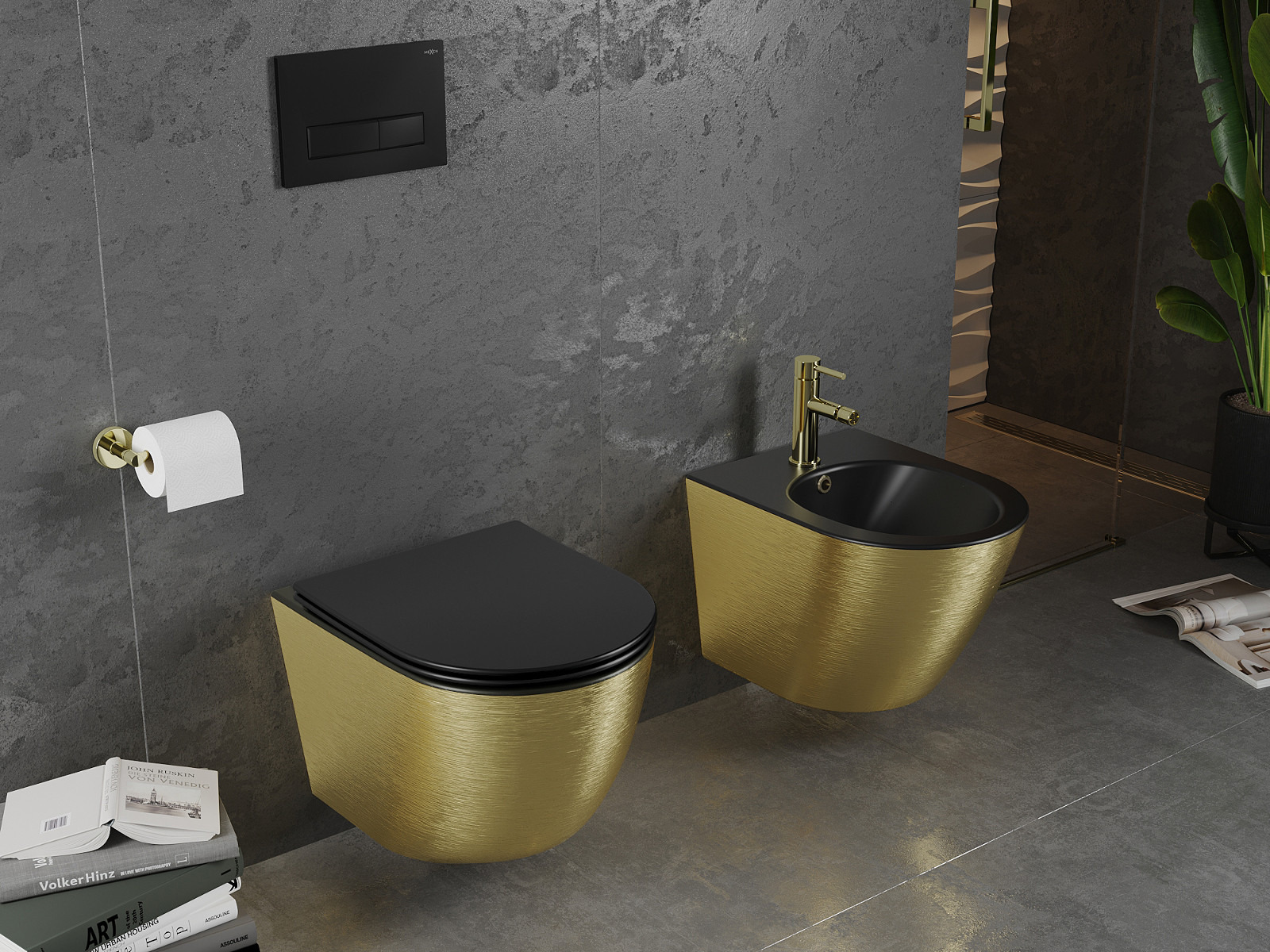 Schwarz-goldene Keramik für das Badezimmer