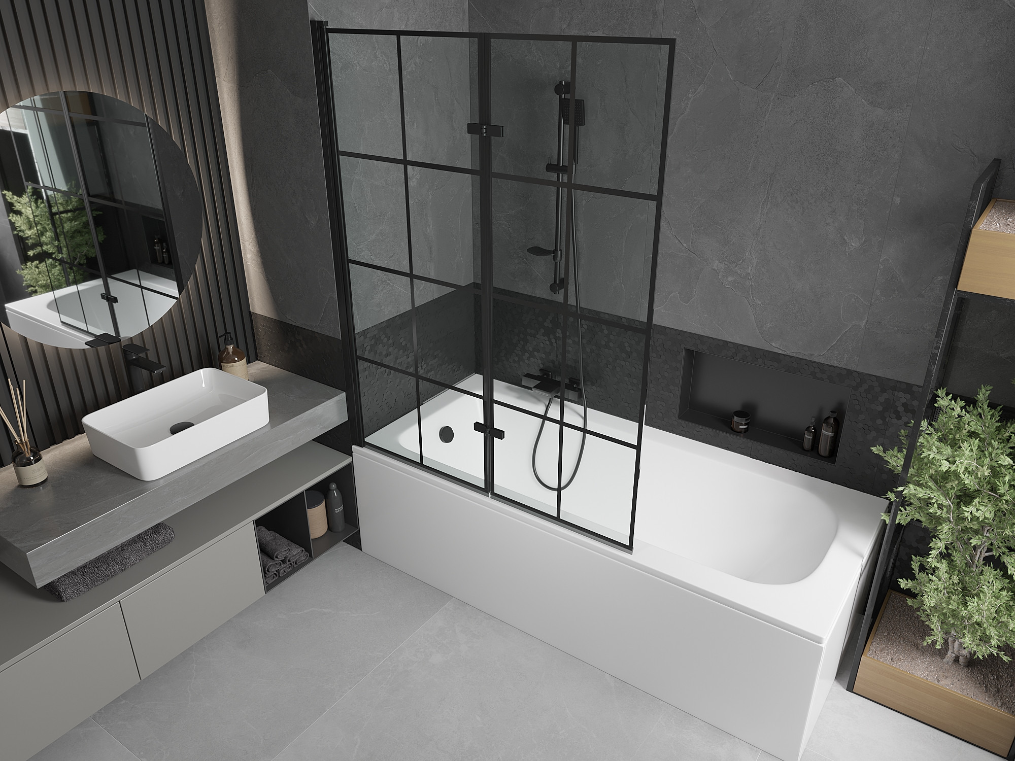 Badewanne mit Duschwand im industriellen Stil