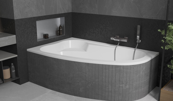 Graues Badezimmer mit Eckbadewanne