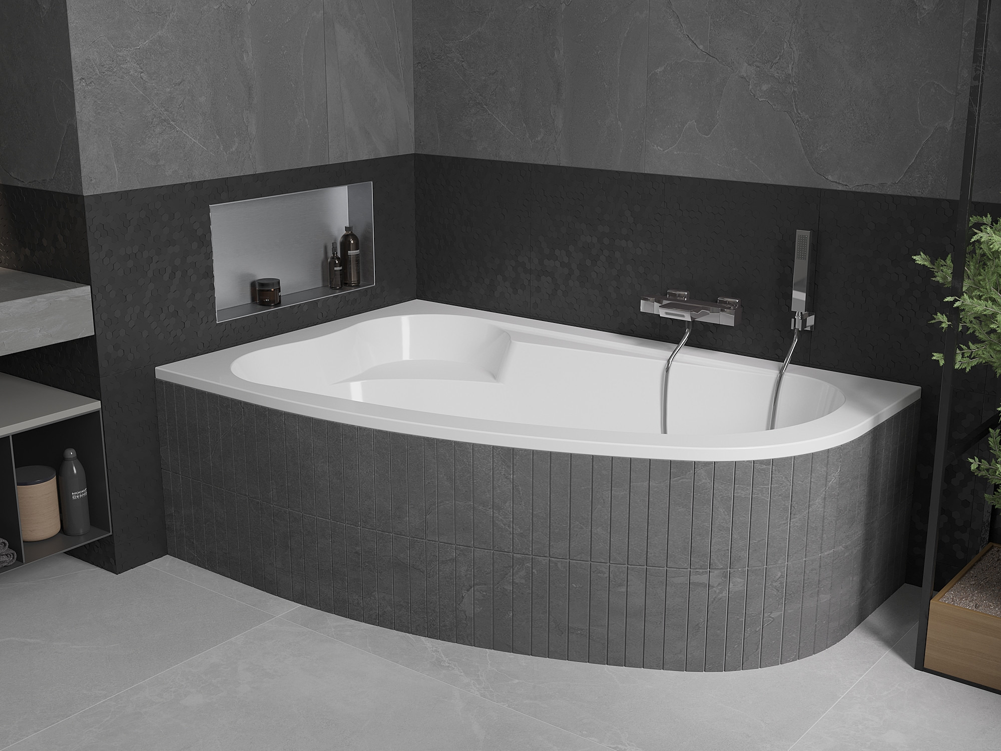 Graues Badezimmer mit Eckbadewanne