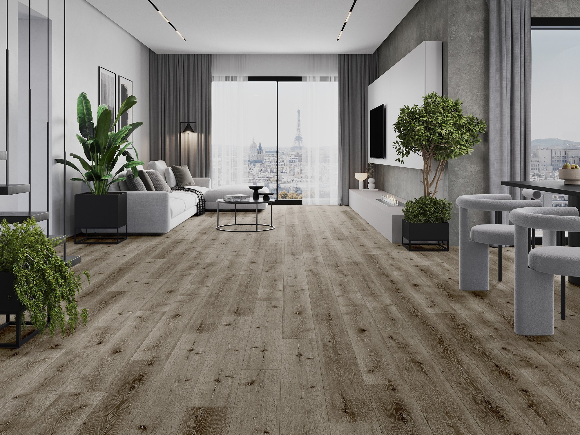 Moderne Wohnzimmer mit Holzimitatboden
